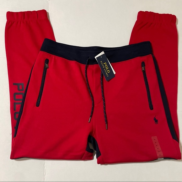 Polo Ralph Lauren RL67 Mens Double Knit Jogger Sweatpants Size M Red Navy cotton - Picture 2 of 5